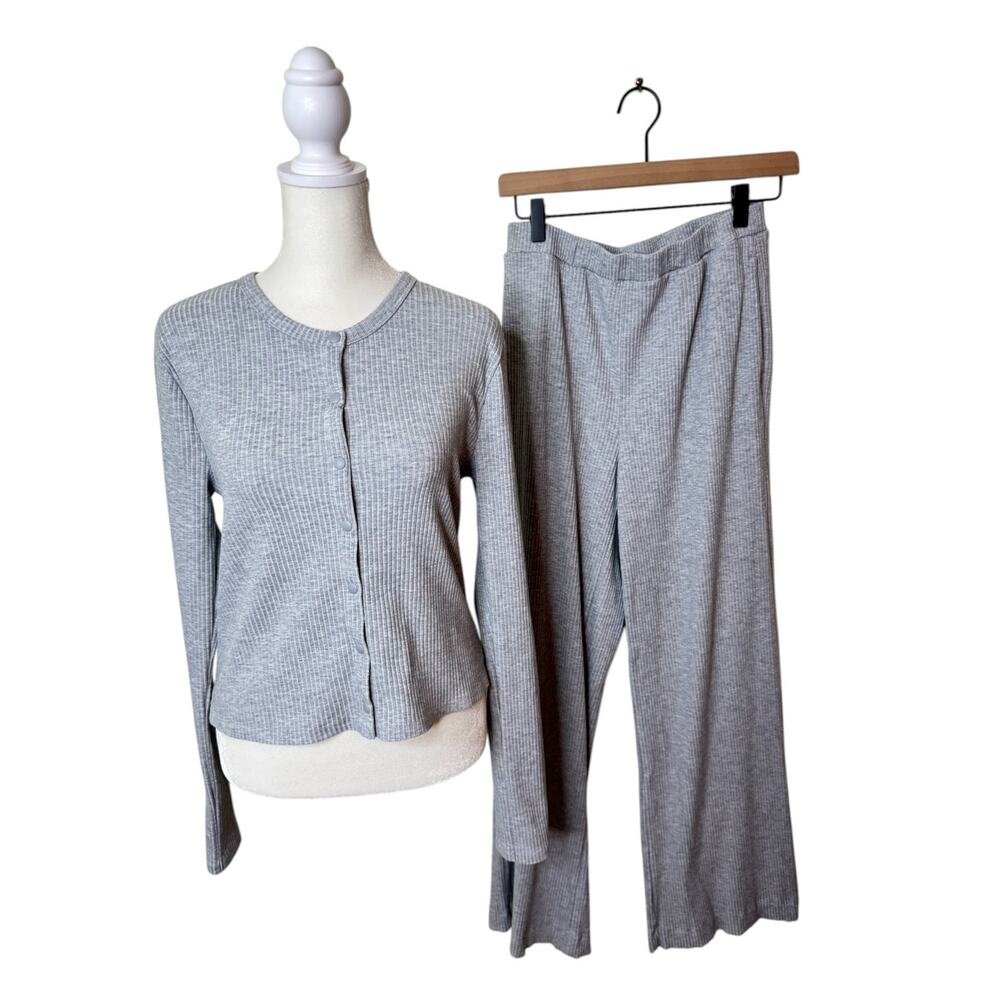 RHONE LivLuxe Rib Cardigan and Rib Lounge Pant Two Piece Set Heather Gray